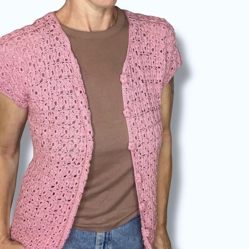 Vintage Dusty Rose Pink Crochet Button Up Cardigan Sweater Short Sleeve Knit